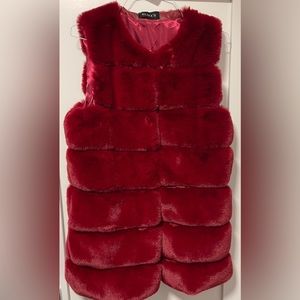 Faux Fur Vest - size L (10-12)mid thigh length-vegan leather hits mid thigh